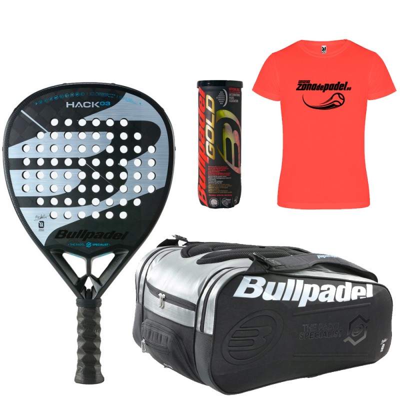 Confezione Bullpadel Hack 03 2023 + Borsa da padel + Palline + Maglietta